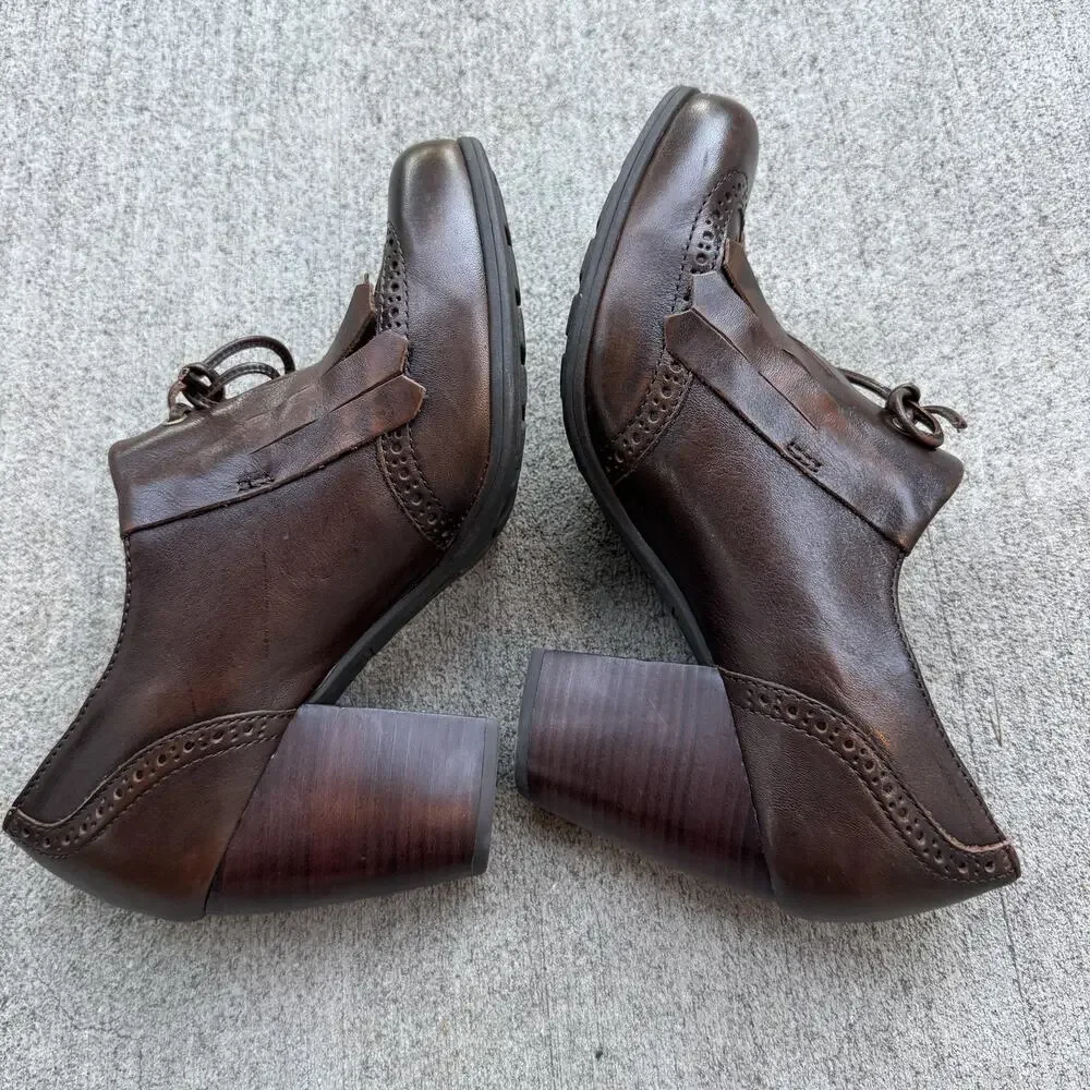 Born Brown Leather Kiltie Lace Up Pumps Womens 8.5 Block Heel Comfort Oxford